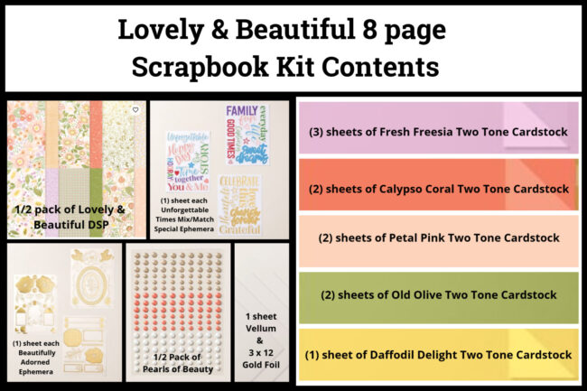 Lovely & Beautiful Scrapbook Kit contents